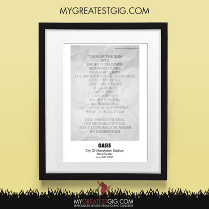 Oasis - Manchester - Jun 30th 2005 Recreated Set List Poster