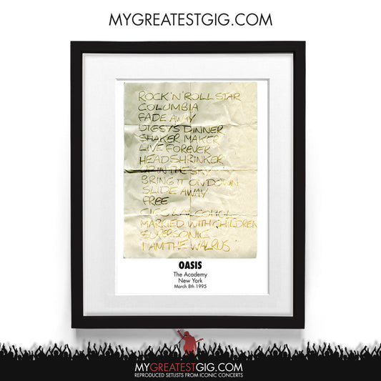 Oasis - New York - Mar 8th 1995 Recreated Setlist Poster