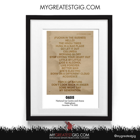 Oasis - Nottingham - Nov 11th 2002 Recreated Setlist Poster