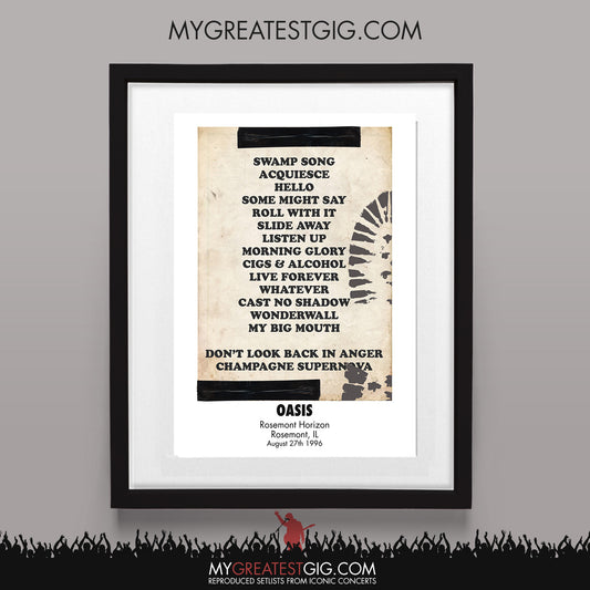 Oasis - Rosemont - Aug 27th 1996 Recreated Set List Poster