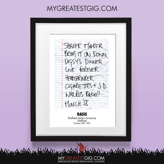 Oasis - Sheffield - Oct 28th 1993 Recreated Set List Poster