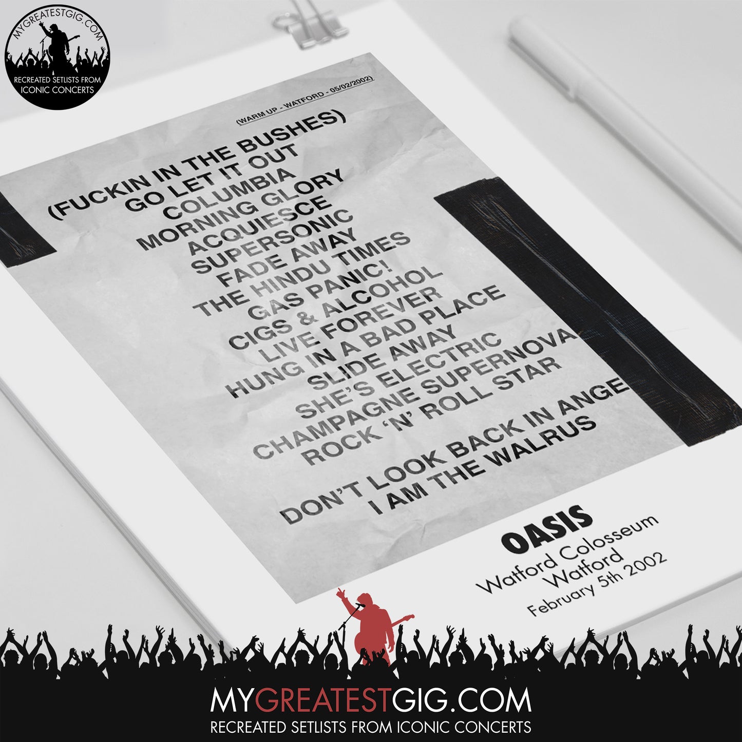 OASIS - Watford - Feb 5th 2002 Recreated Set List Poster