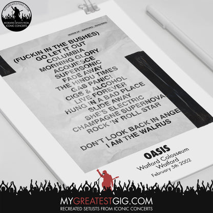 OASIS - Watford - Feb 5th 2002 Recreated Set List Poster