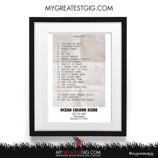 Ocean Colour Scene - Newcastle - Dec 21st 2022 Recreated Setlist Poster