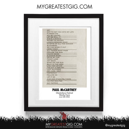 Paul McCartney - Glastonbury Festival - Jun 26th 2004 Recreated Setlist Poster
