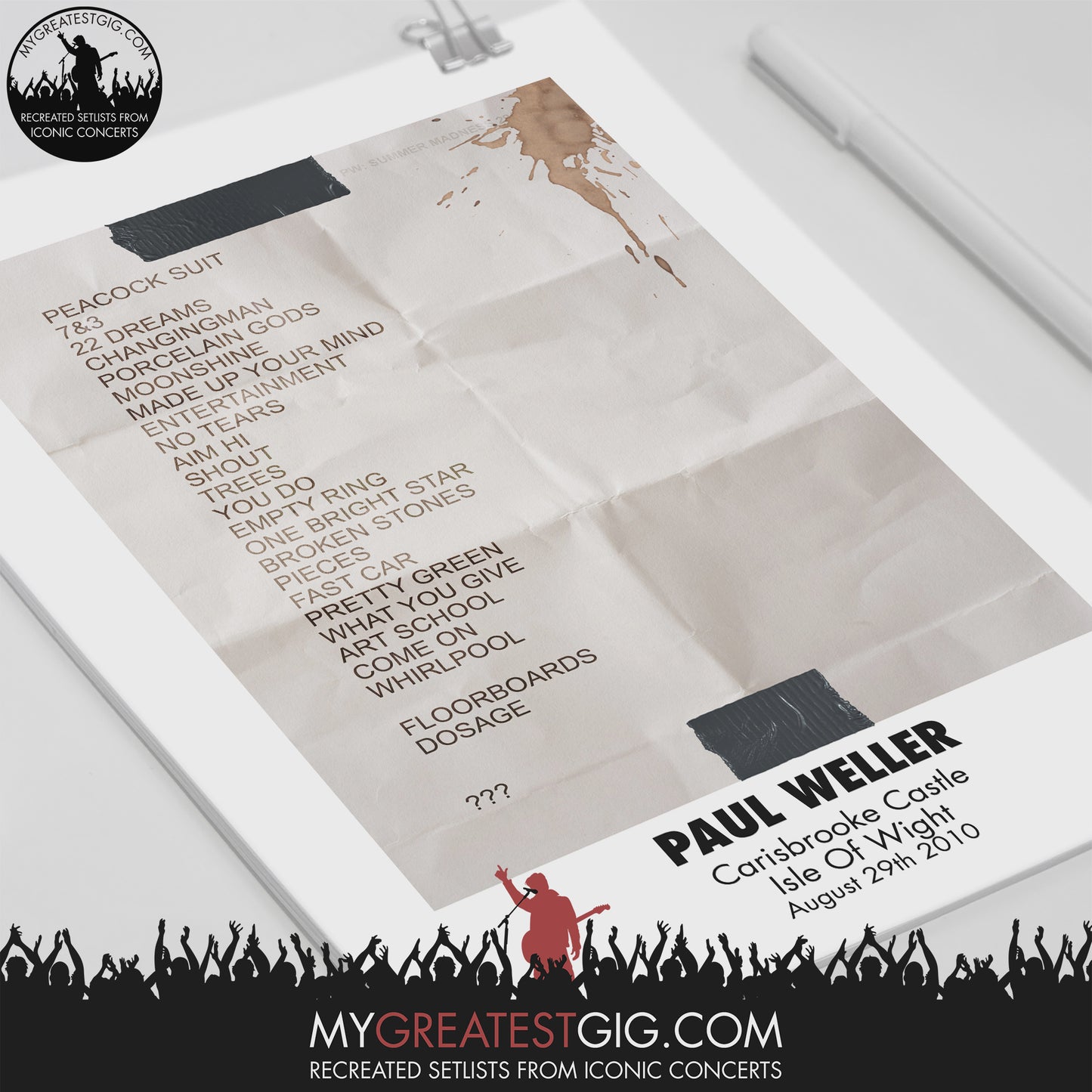 Paul Weller - Isle Of Wight - Aug 29th 2010 Recreated Set List Poster