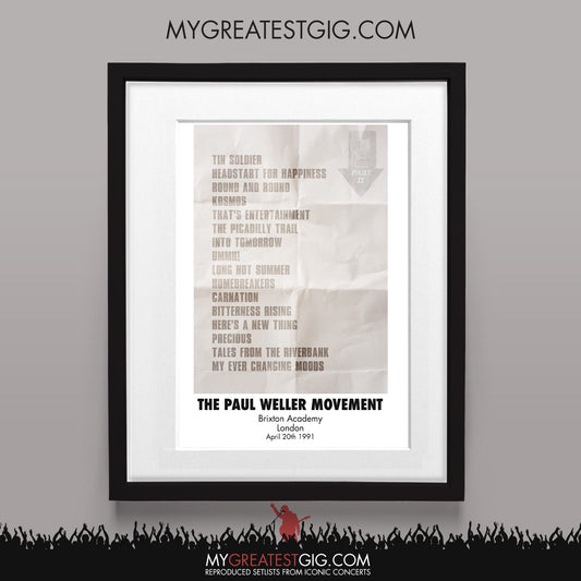 Paul Weller - London - Apr 20th 1991 Recreated Set List Poster