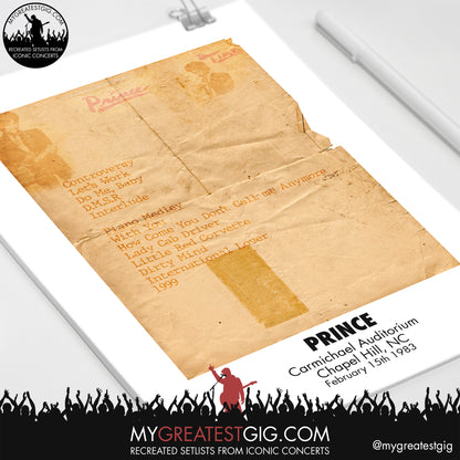 Prince - Chapel Hill - Feb 15th 1983 Recreated Setlist Poster