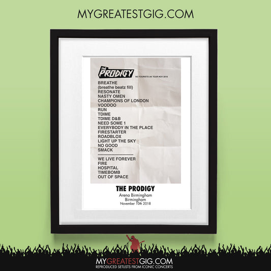 Prodigy - Birmingham - Nov 10th 2018 Recreated Set List Poster