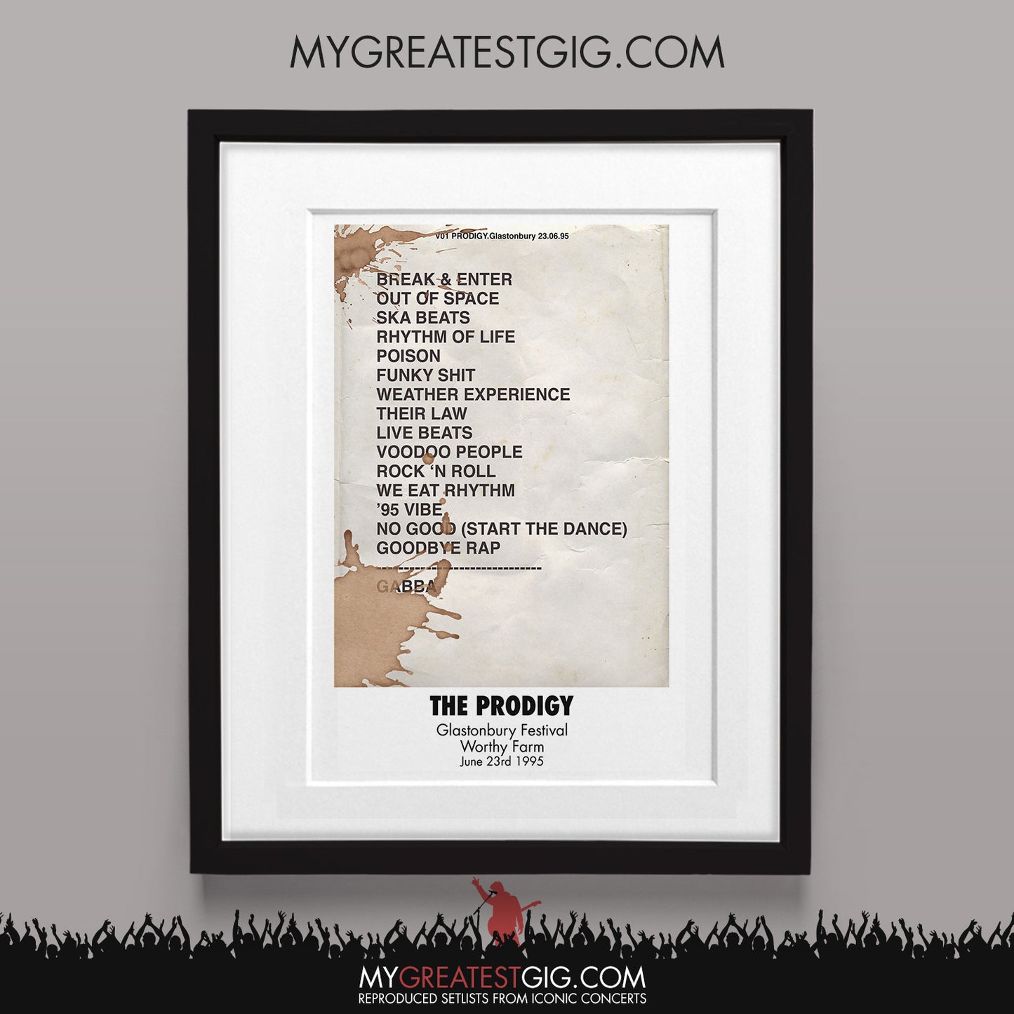 Prodigy - Glastonbury Festival - Jun 23rd 1995 Recreated Set List Poster