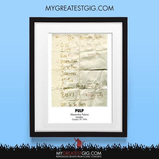 Pulp - London - Oct 7th 1994 Recreated Set List Poster