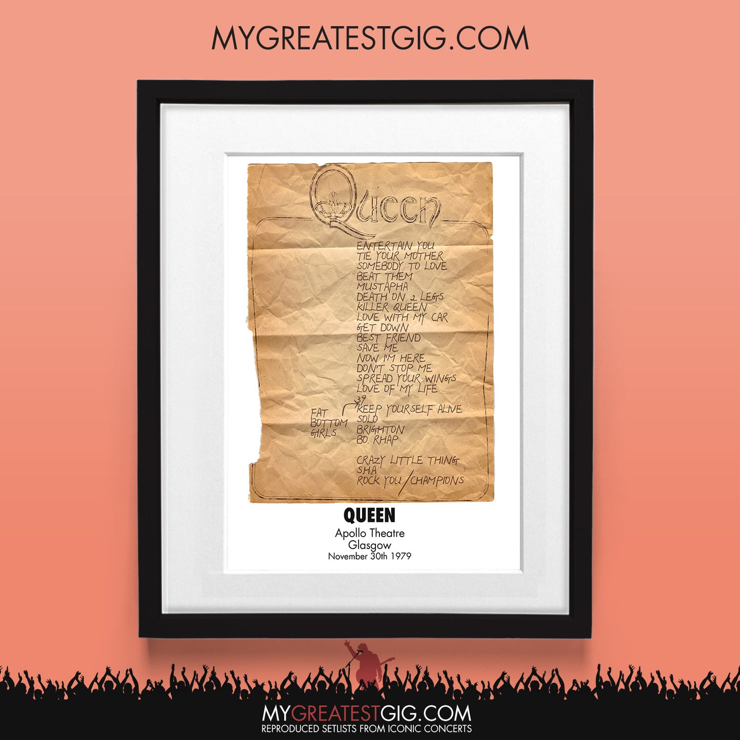 Queen - Glasgow - Nov 30th 1979 Recreated Set List Poster