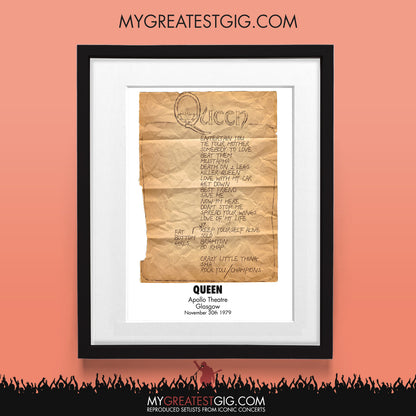 Queen - Glasgow - Nov 30th 1979 Recreated Set List Poster