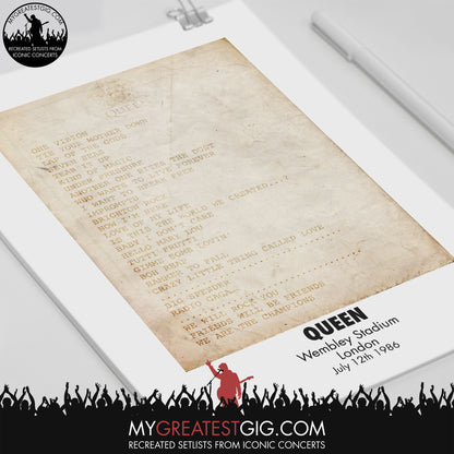 Queen - Wembley - Jul 12th 1986 Recreated Set List Poster & Illustration Bundle