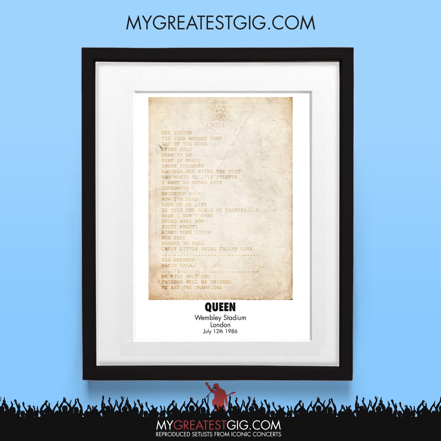 Queen - Wembley - Jul 12th 1986 Recreated Set List Poster