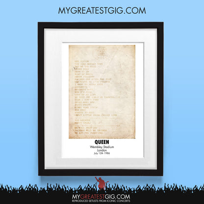 Queen - Wembley - Jul 12th 1986 Recreated Set List Poster