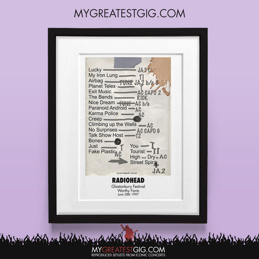 Radiohead - Glastonbury Festival - Jun 28th 1997 Recreated Set List Poster