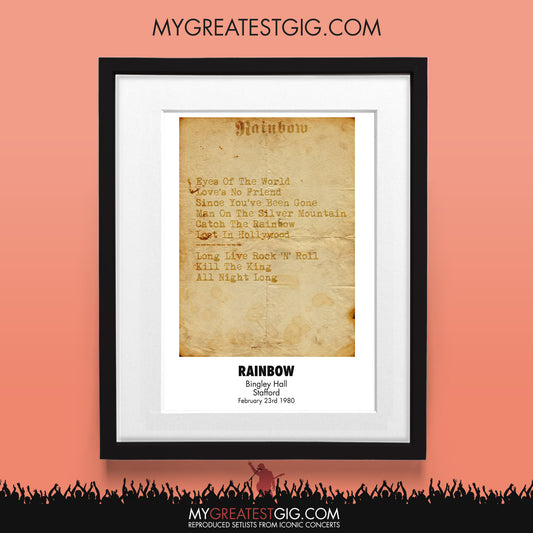 Rainbow - Stafford - Feb 23rd 1980 Recreated Set List Poster