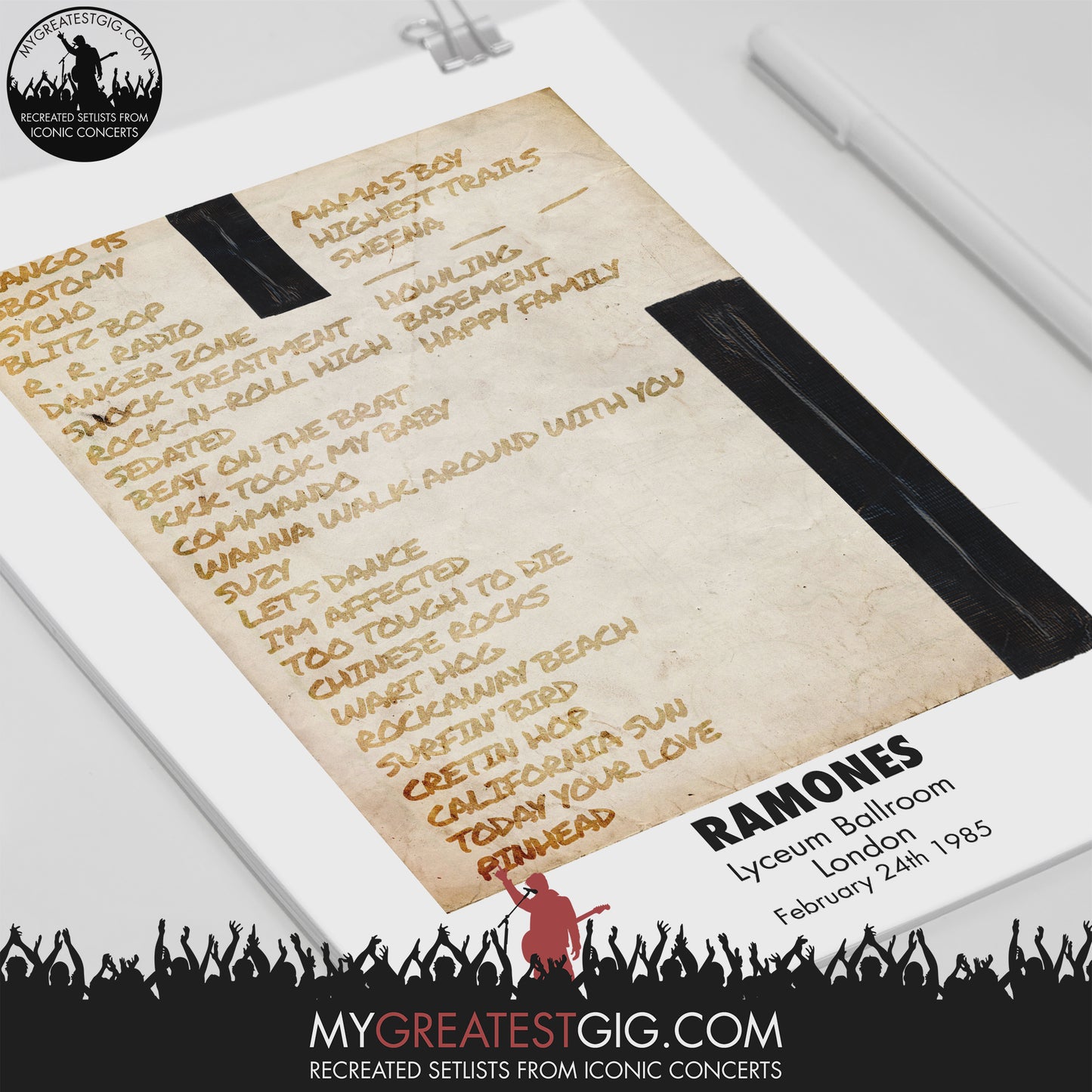 Ramones - London - Feb 24th 1985 Recreated Set List Poster