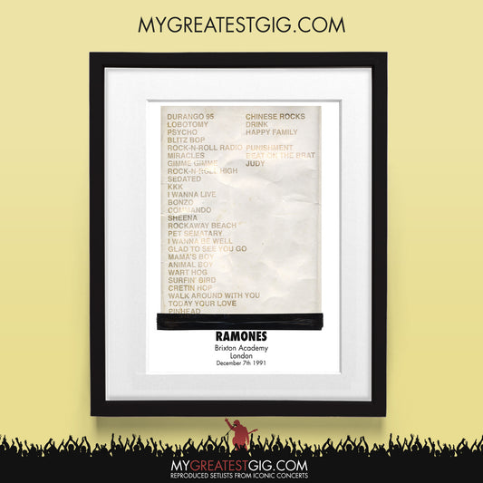 Ramones - London - Dec 7th 1991 Recreated Set List Poster