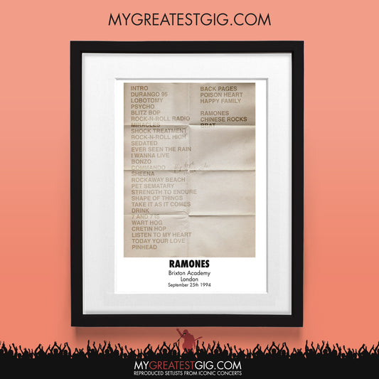 Ramones - London - Sep 25th 1994 Recreated Set List Poster