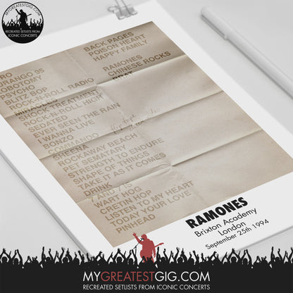 Ramones - London - Sep 25th 1994 Recreated Set List Poster