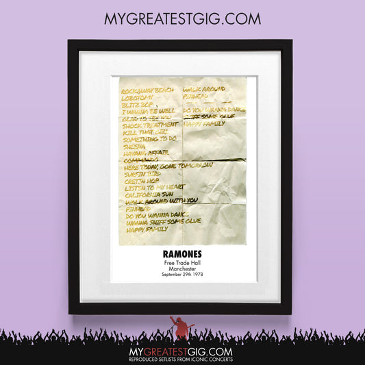 Ramones - Manchester - Sep 29th 1978 Recreated Set List Poster