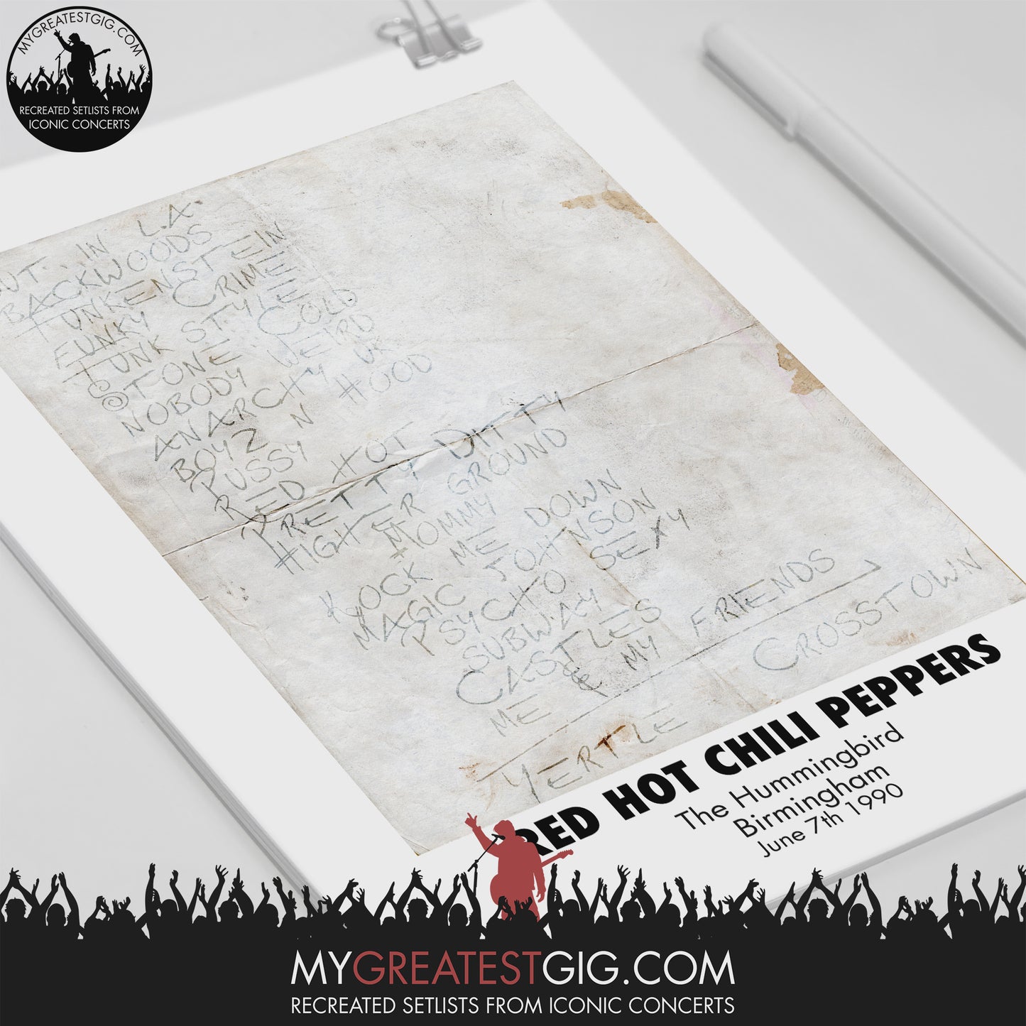 Red Hot Chili Peppers - Birmingham - Jun 7th 1990 Recreated Set List Poster