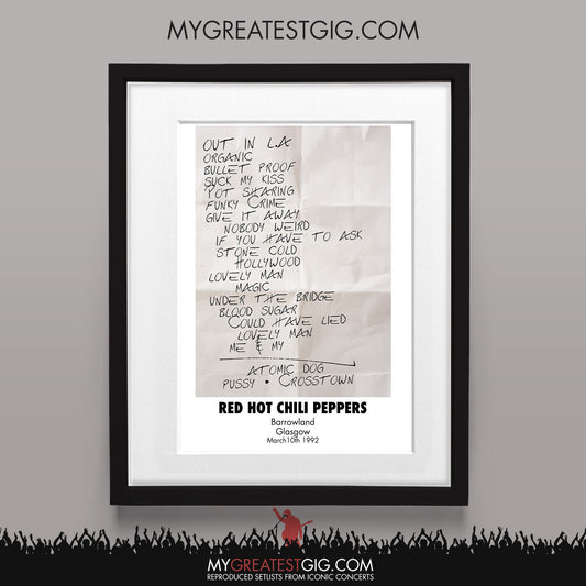 Red Hot Chili Peppers - Glasgow - Mar 10th 1992 Recreated Set List Poster
