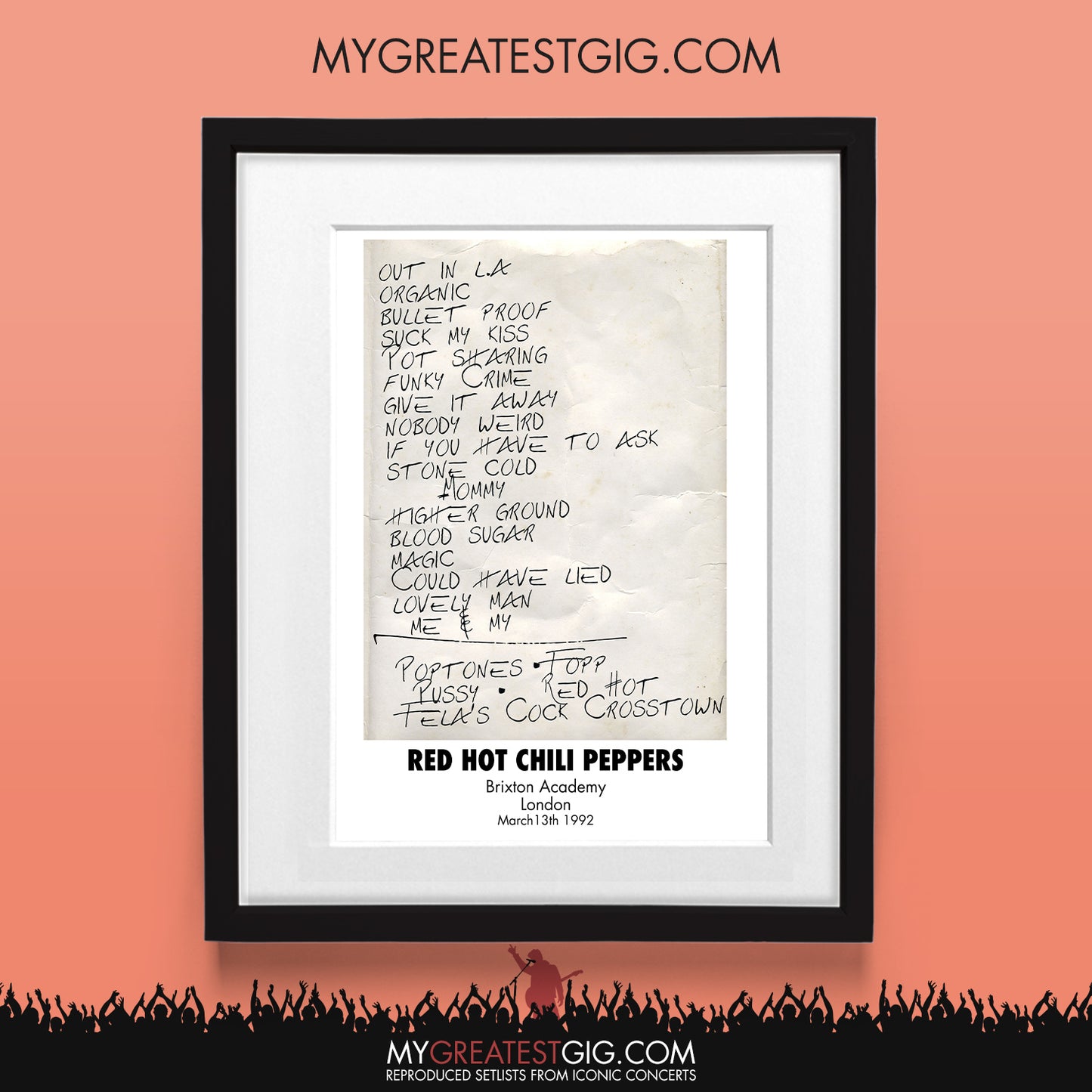 Red Hot Chili Peppers - London - Mar 13th 1992 Recreated Set List Poster