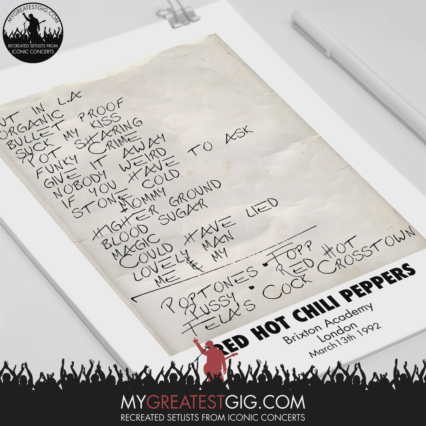 Red Hot Chili Peppers - London - Mar 13th 1992 Recreated Set List Poster