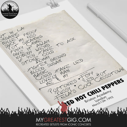 Red Hot Chili Peppers - London - Mar 13th 1992 Recreated Set List Poster