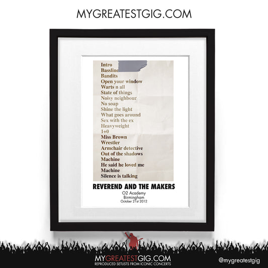 Reverend and the Makers - Birmingham - Oct 21st 2012 Recreated Setlist Poster
