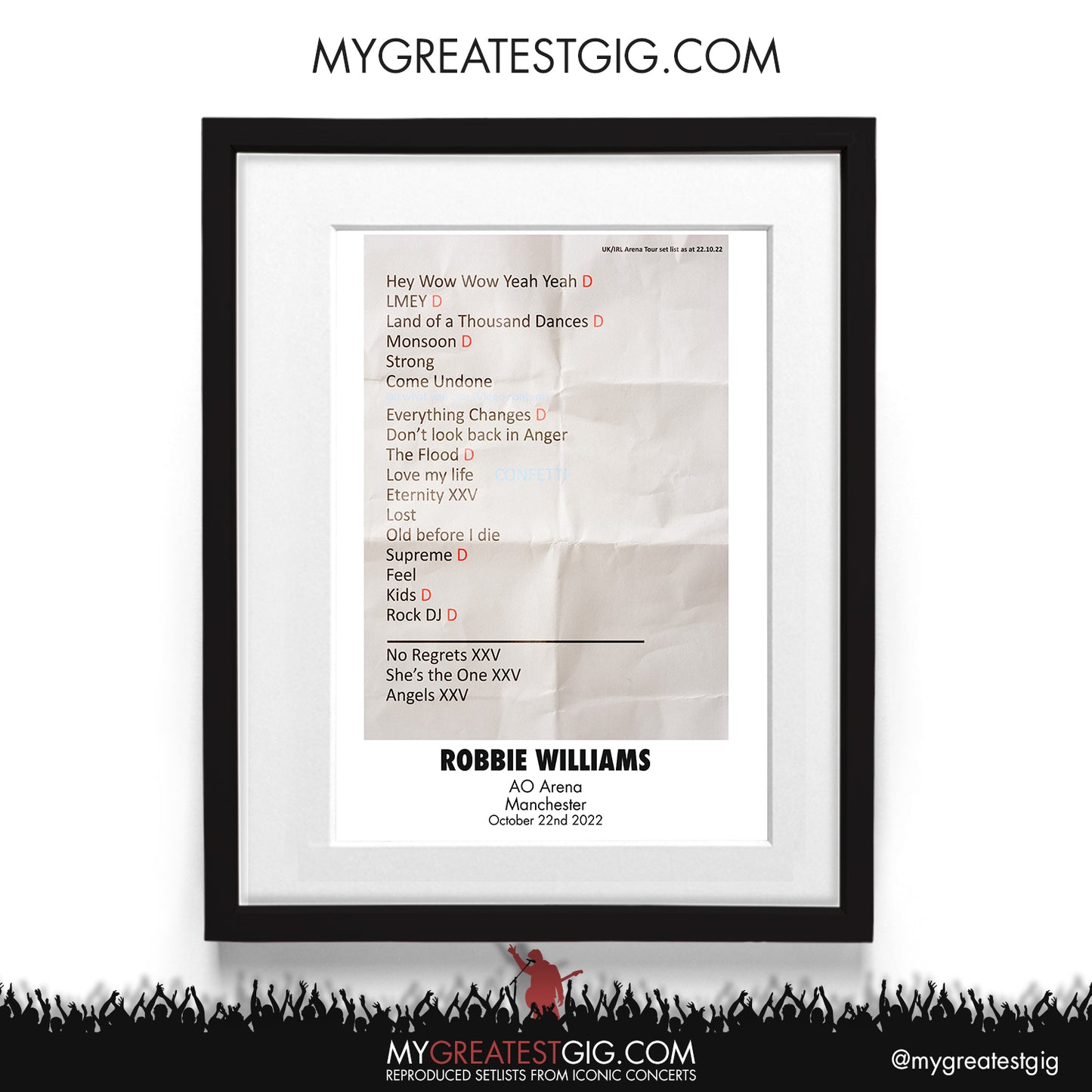 Robbie WIlliams - Manchester - Oct 22nd 2022 Recreated Setlist Poster