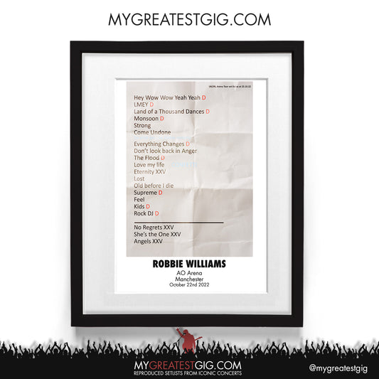 Robbie WIlliams - Manchester - Oct 22nd 2022 Recreated Setlist Poster