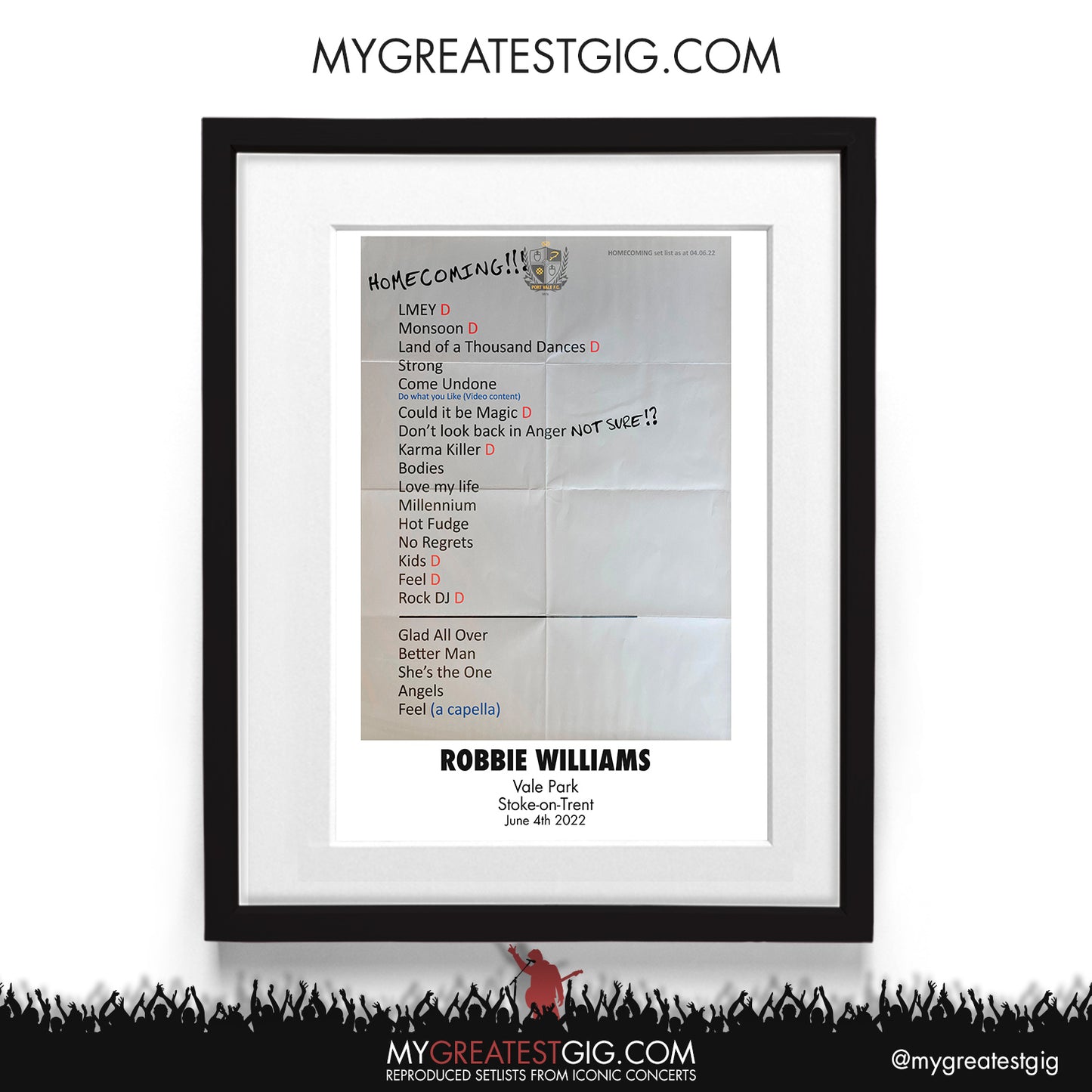 Robbie Williams - Stoke-on-Trent - Jun 4th 2022 Recreated Setlist Poster