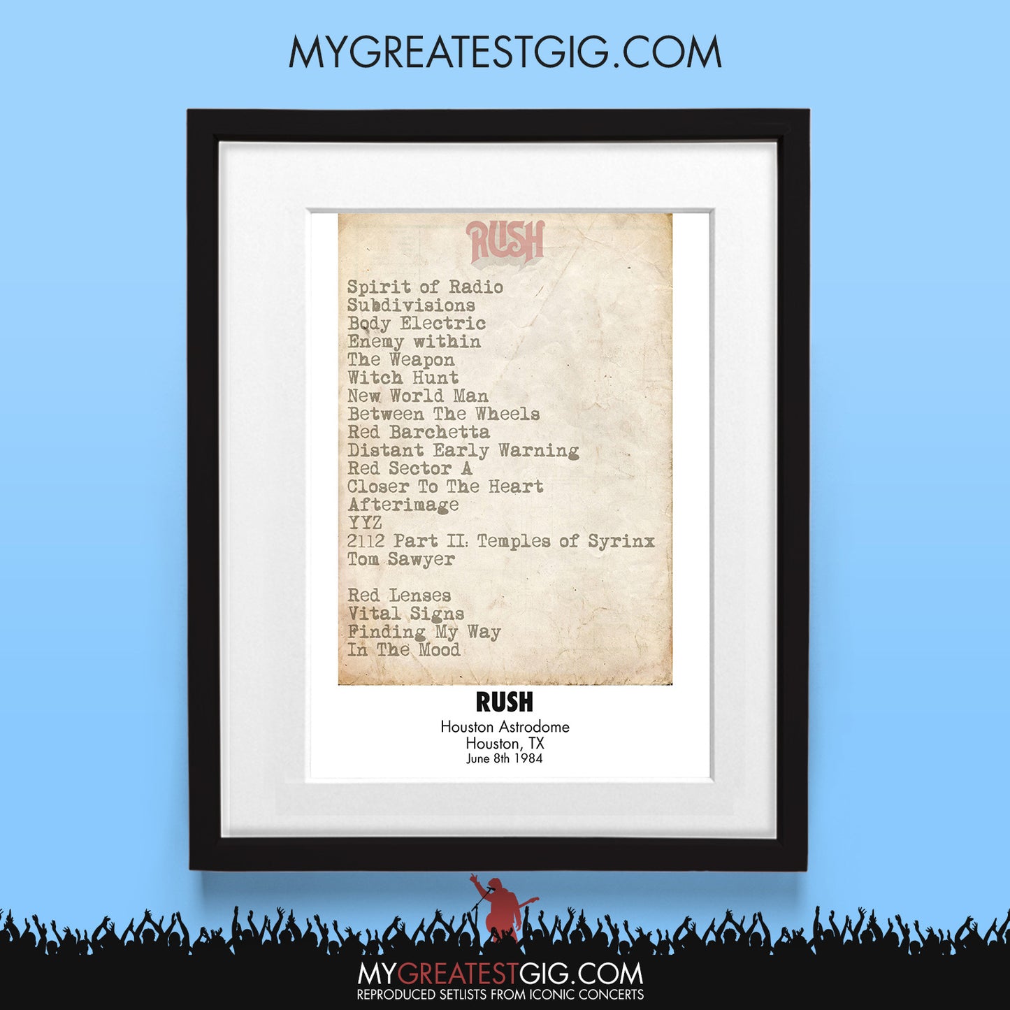 Rush - Houston - Jun 8th 1984 Recreated Set List Poster
