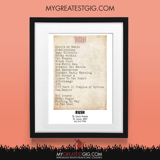 Rush - St. Louis - Jul 2nd 1984 Recreated Set List Poster