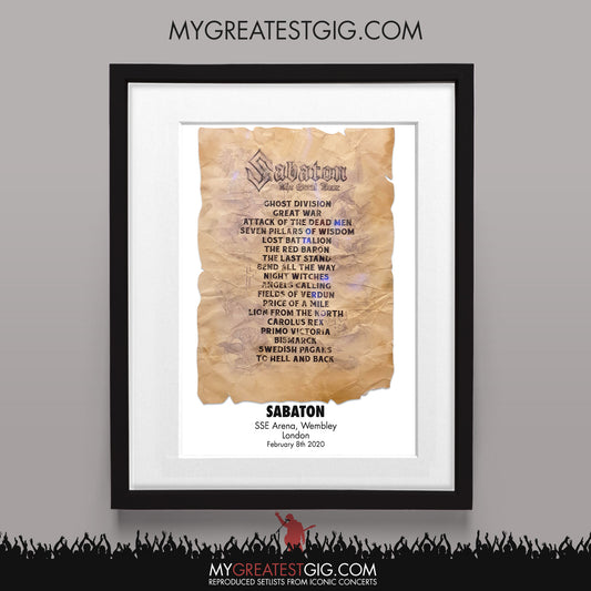 Sabaton - London - Feb 8th 2020 Recreated Set List Poster