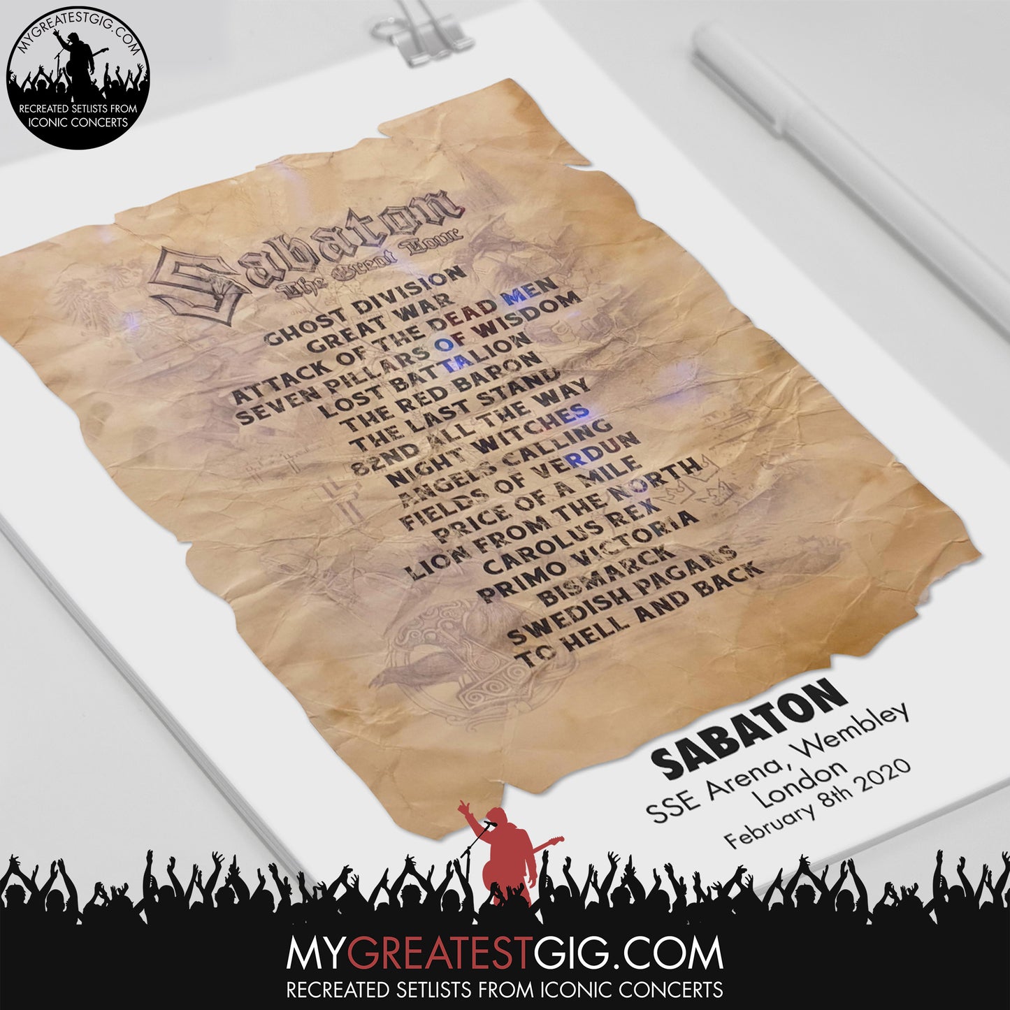 Sabaton - London - Feb 8th 2020 Recreated Set List Poster