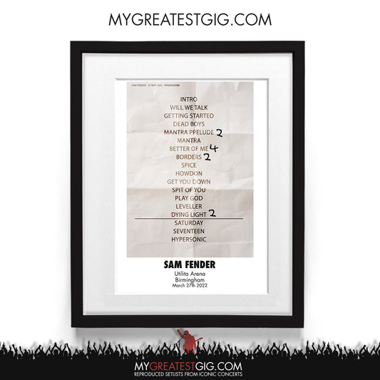 Sam Fender - Birmingham - Mar 27th 2022 Recreated Setlist Poster