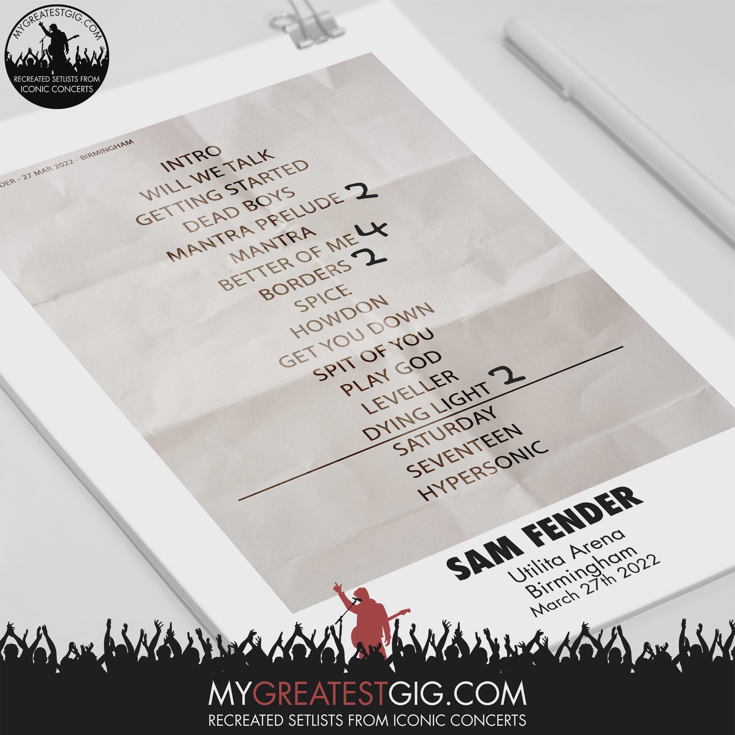 Sam Fender - Birmingham - Mar 27th 2022 Recreated Setlist Poster