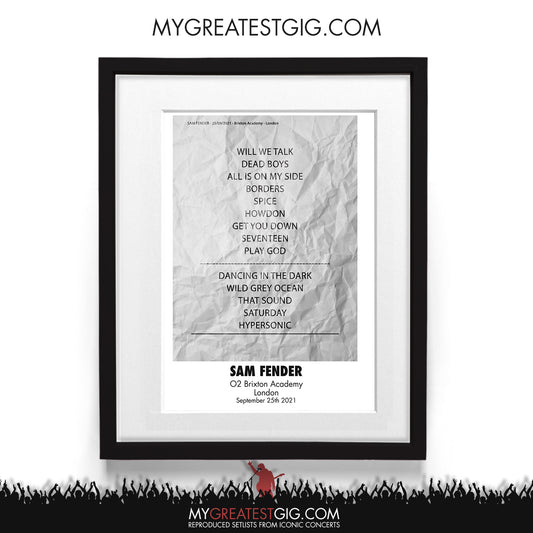Sam Fender - Brixton - Sep 25th 2021 Recreated Setlist Poster