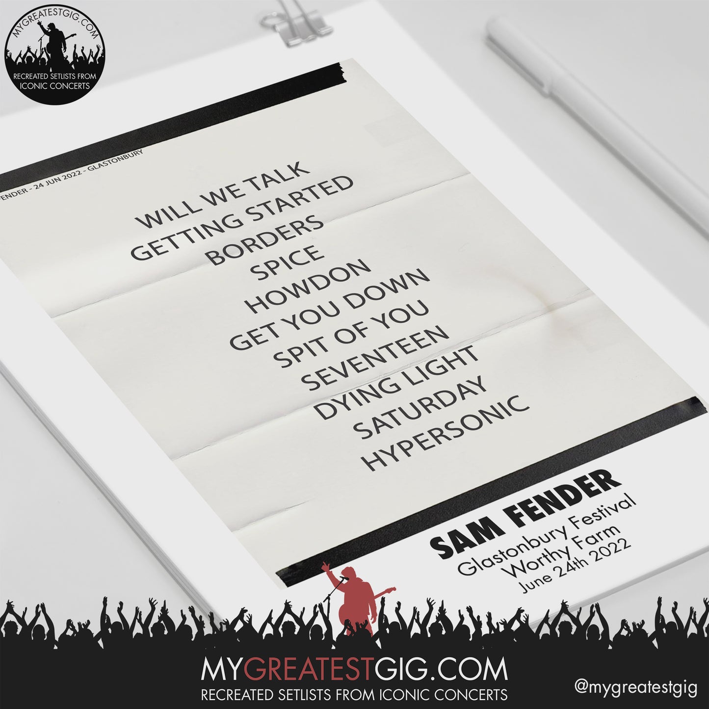 Sam Fender - Glastonbury Festival - Jun 24th 2022 Recreated Setlist Poster