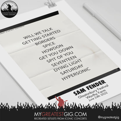 Sam Fender - Glastonbury Festival - Jun 24th 2022 Recreated Setlist Poster