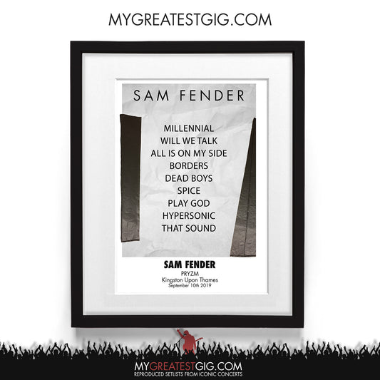 Sam Fender - PRYZM - Sep 10th 2019 Recreated Setlist Poster