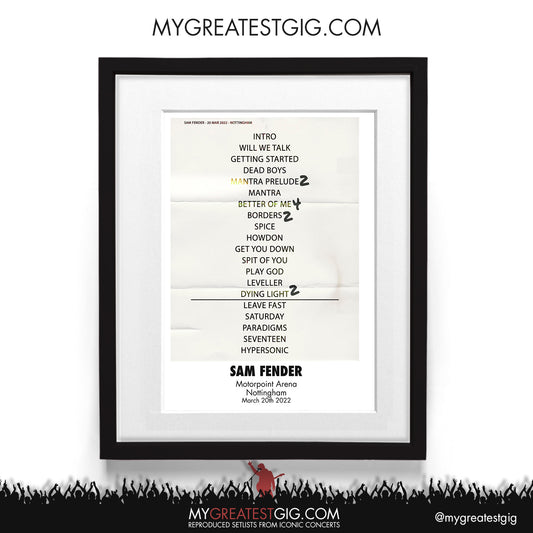 Sam Fender - Nottingham - Mar 20th 2022 Recreated Setlist Poster