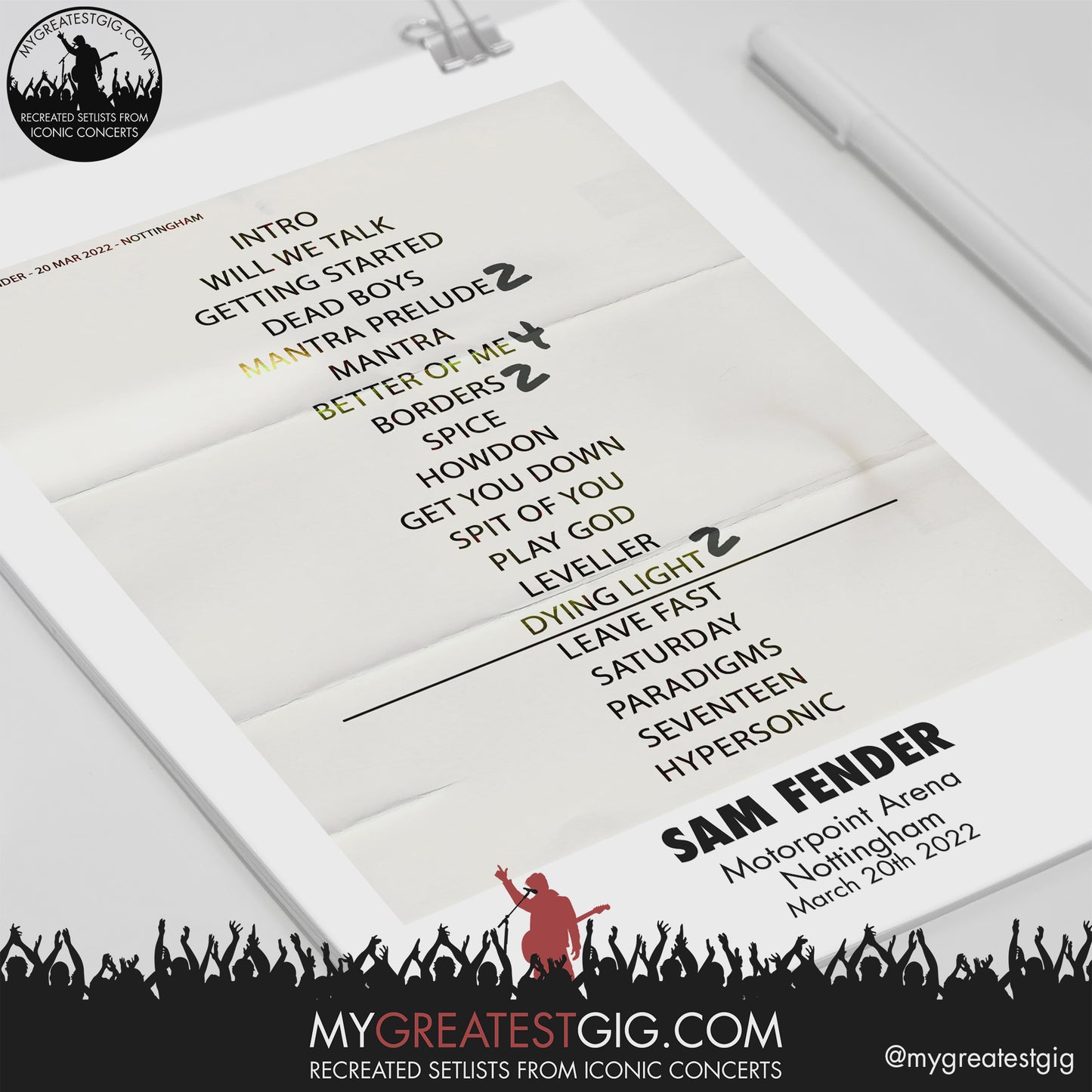 Sam Fender - Nottingham - Mar 20th 2022 Recreated Setlist Poster
