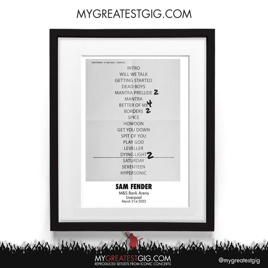 Sam Fender - Liverpool - Mar 21st 2022 Recreated Setlist Poster