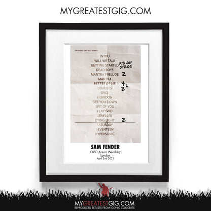 Sam Fender - London - Apr 2nd 2022 Recreated Setlist Poster